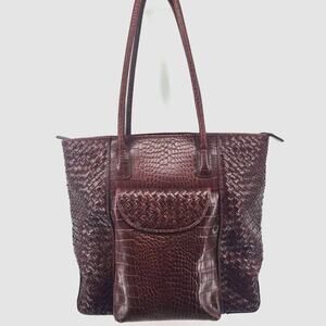 Carla Mancini Woven Croc Leather Tote Bag Brown 12" Vintage Italian Handbag‎
